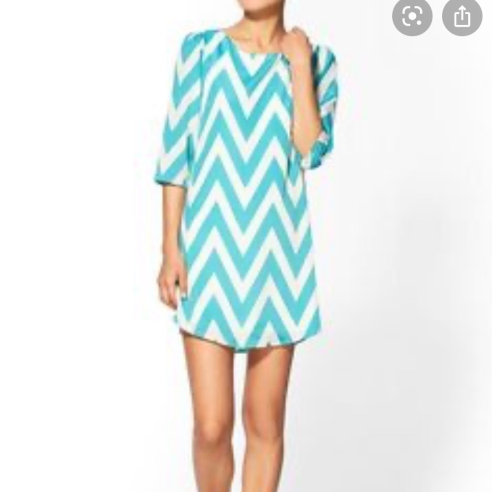 Miami Chevron Turquoise and White Sleeved Dress Size M Sheath Dress Retro Mini